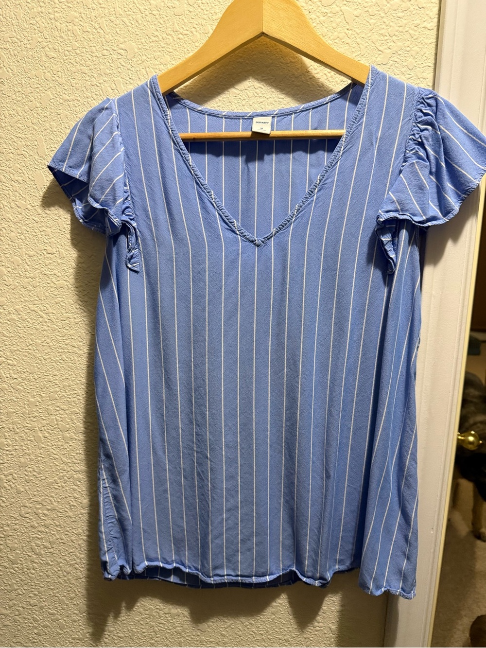 Preppy Blue and White Vertical Stripe V-Neck Flutter Sleeve Blouse - Picture 2 of 3